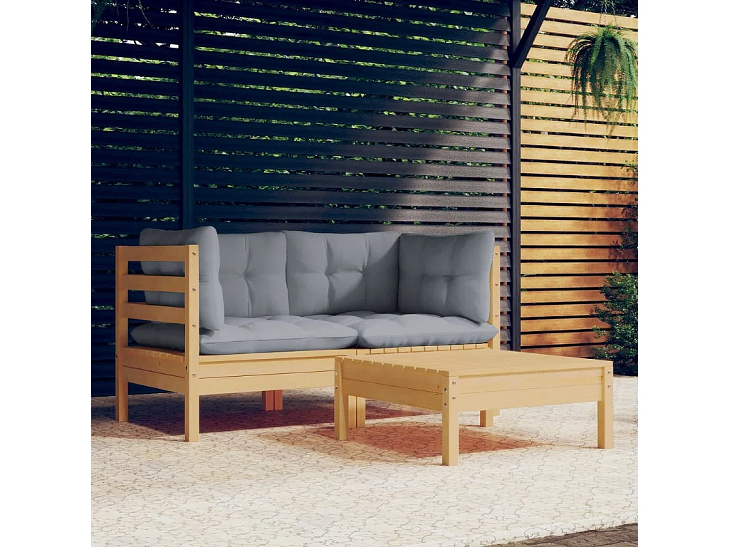 Salon de jardin 3 pcs avec coussins gris Bois de pin