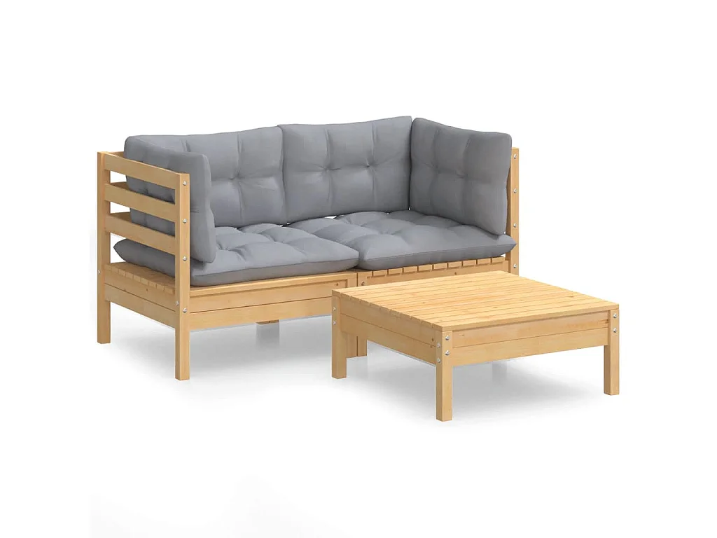 Set Divani da Giardino 3 pz con Cuscini Grigi Massello di Pino
