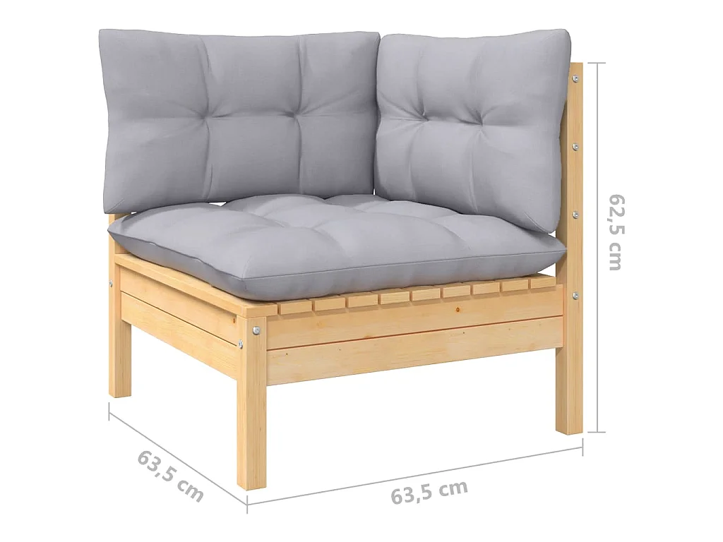 Set Divani da Giardino 3 pz con Cuscini Grigi Massello di Pino