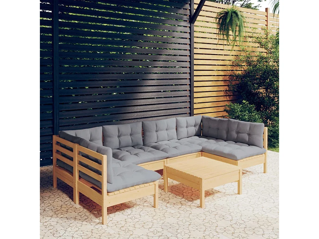 Salon de jardin 7 pcs avec coussins gris bois de pin massif