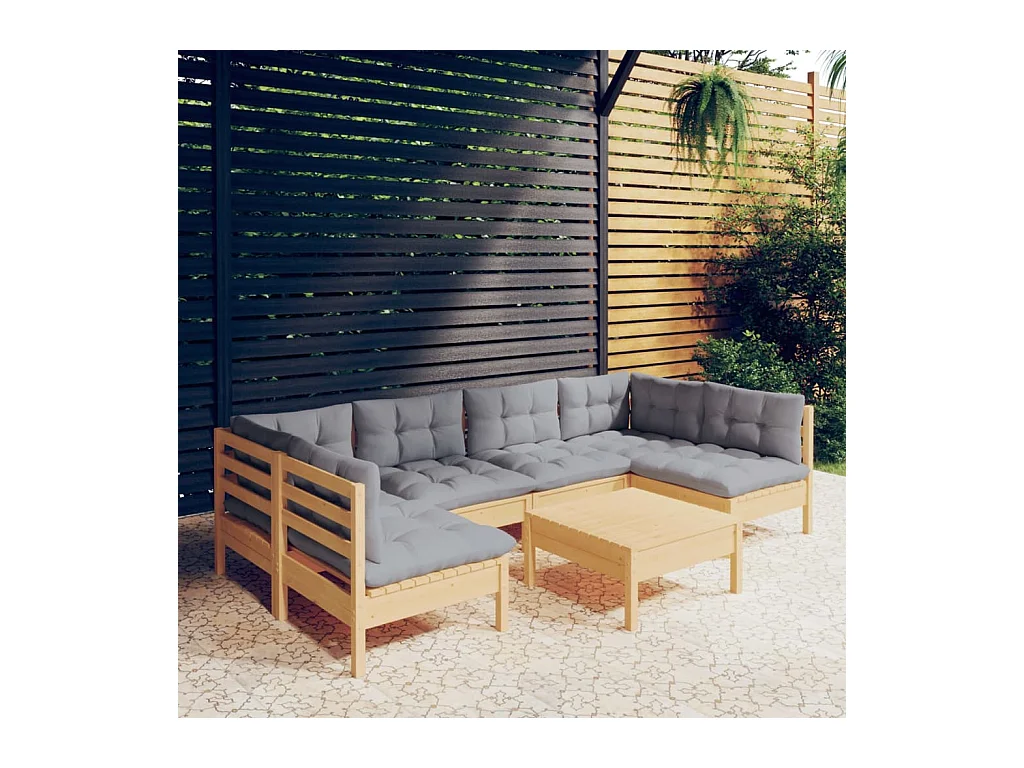 Set Divani da Giardino 7 pz con Cuscini Grigi Massello di Pino
