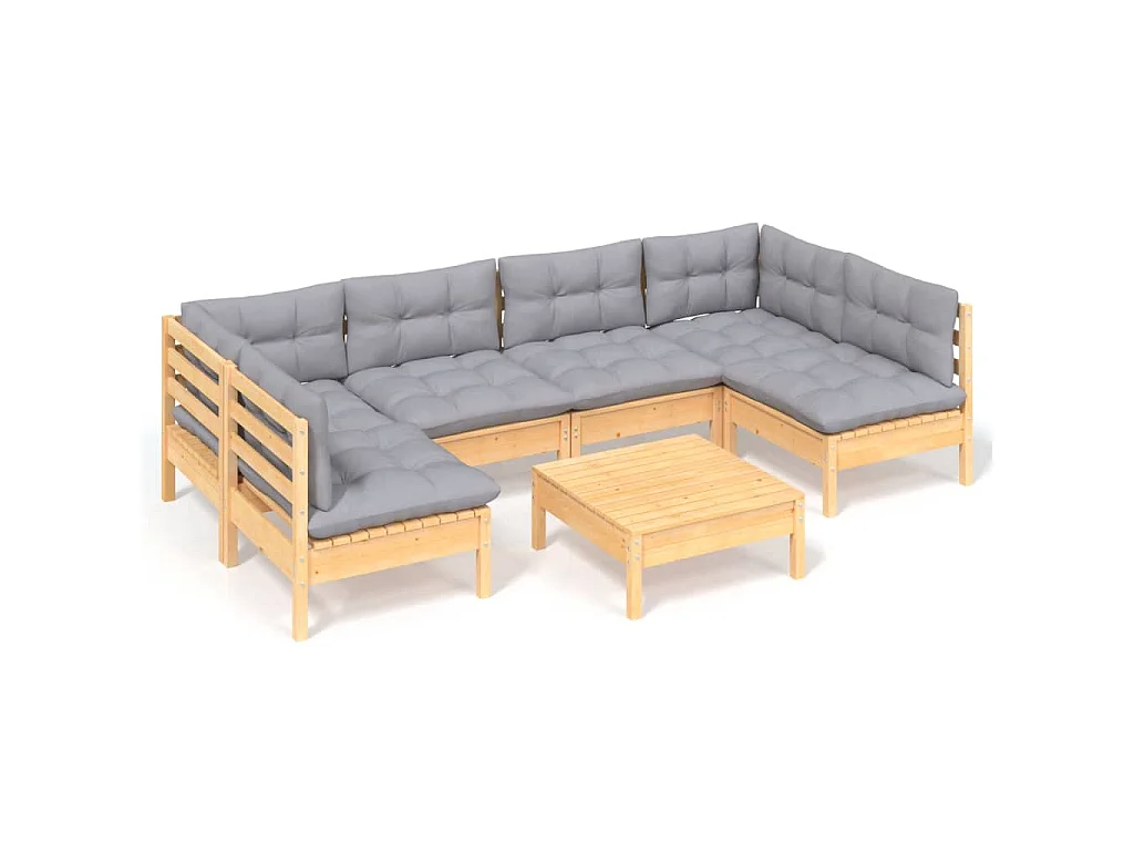 Salon de jardin 7 pcs avec coussins gris bois de pin massif