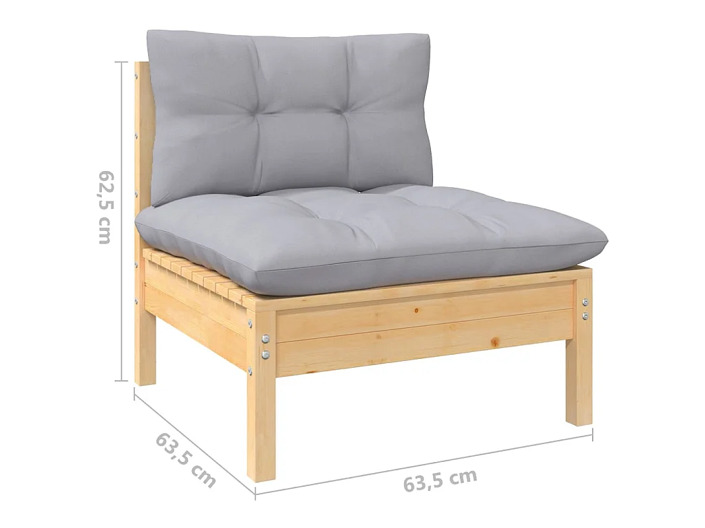 Salon de jardin 7 pcs avec coussins gris bois de pin massif