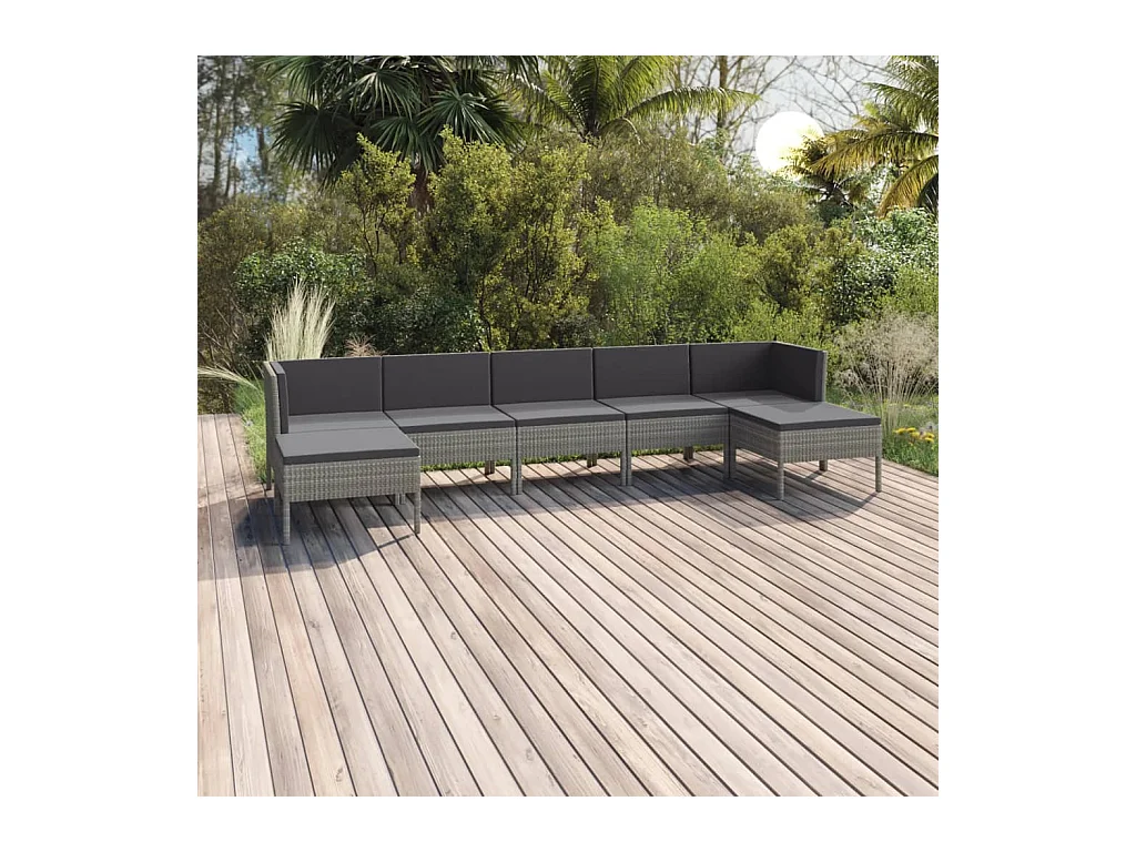 7 pcs conjunto lounge de jardim c/ almofadões vime PE cinzento