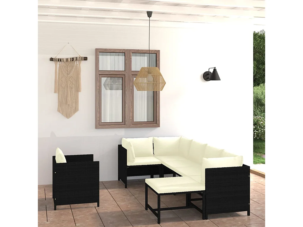 7-tlg. Garten-Lounge-Set mit Kissen Poly Rattan Schwarz