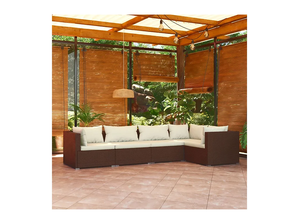 Salon de jardin 5 pcs avec coussins Résine tressée Marron