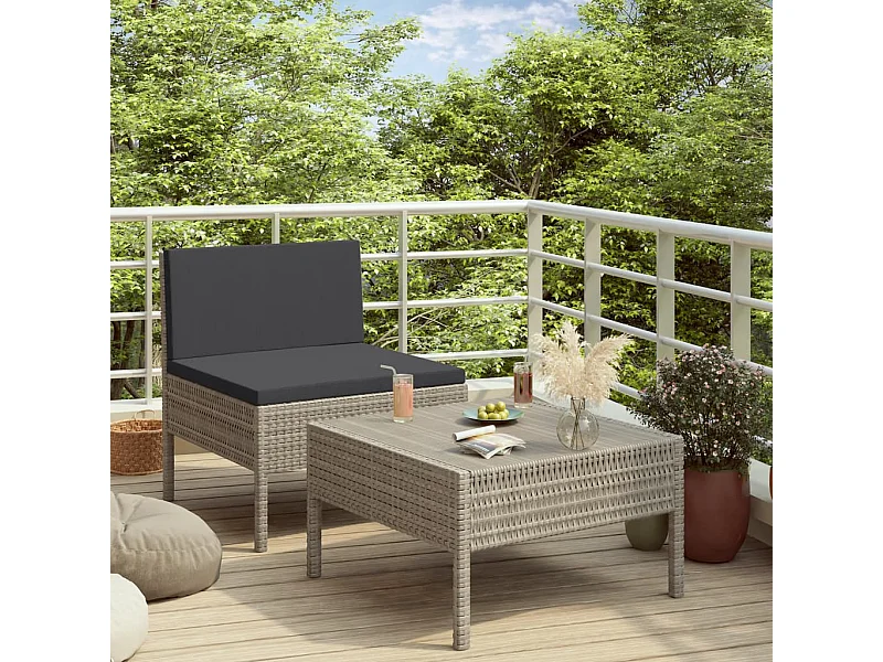 Salon de jardin 2 pcs avec coussins Résine tressée Gris