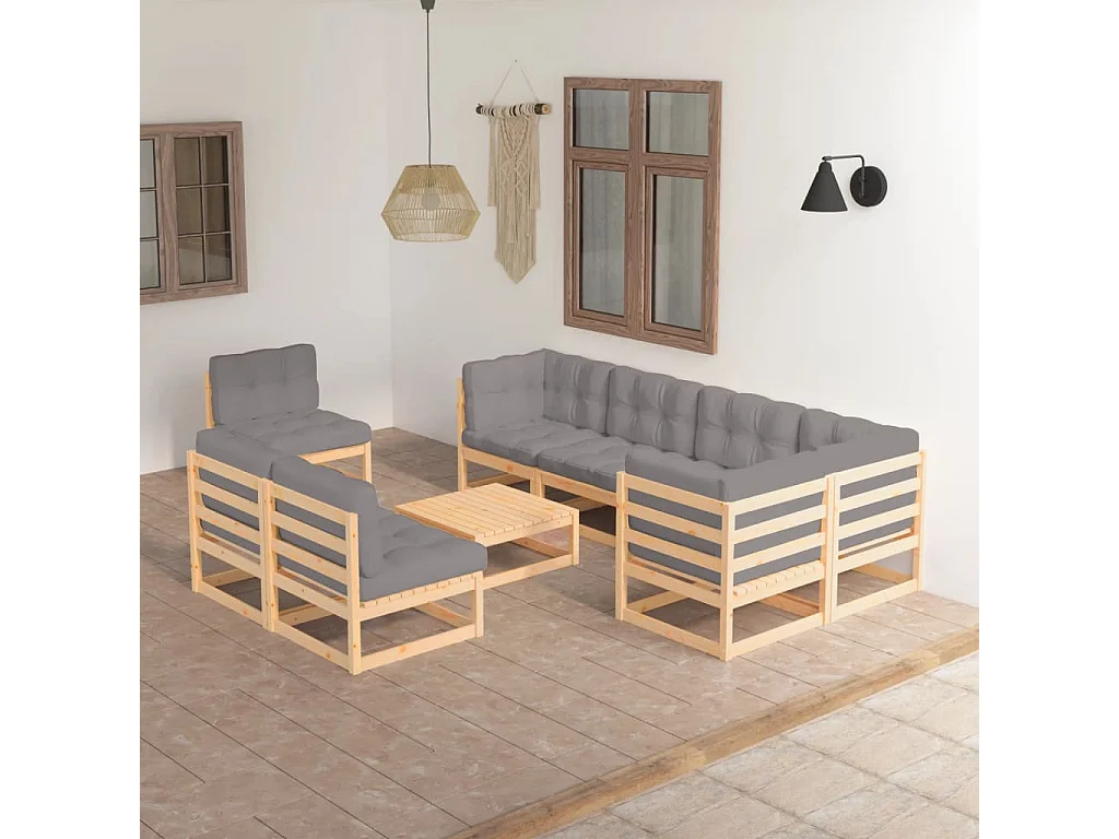 9-tlg. Garten-Lounge-Set mit Kissen Massivholz Kiefer