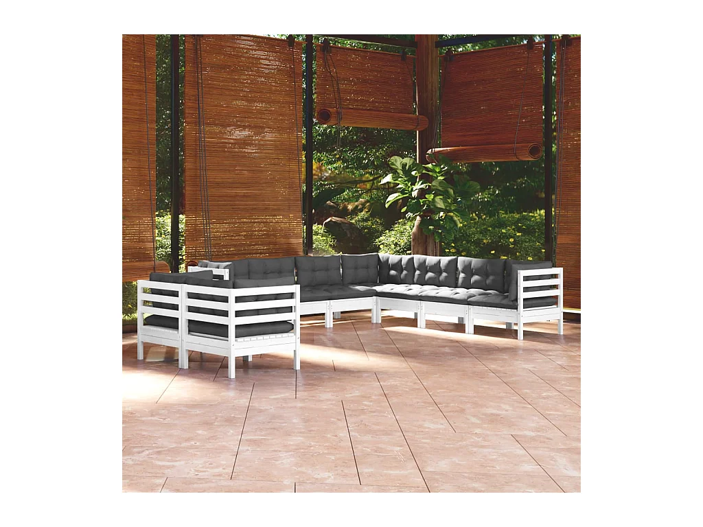 Salon de jardin 9 pcs avec coussins blanc bois de pin massif