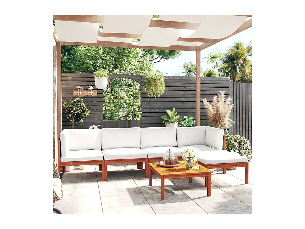 Salon de jardin 6 pièces avec coussins, bois d'acacia crème et corde