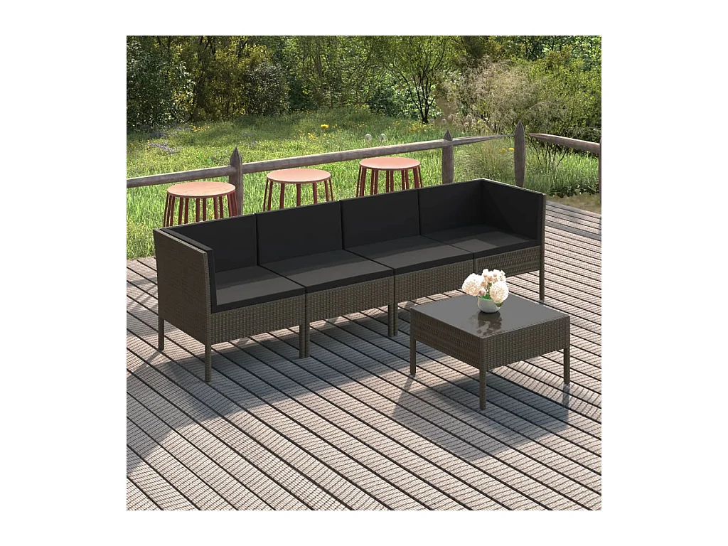 Set Divani da Giardino 5 pz con Cuscini in Polyrattan Grigio