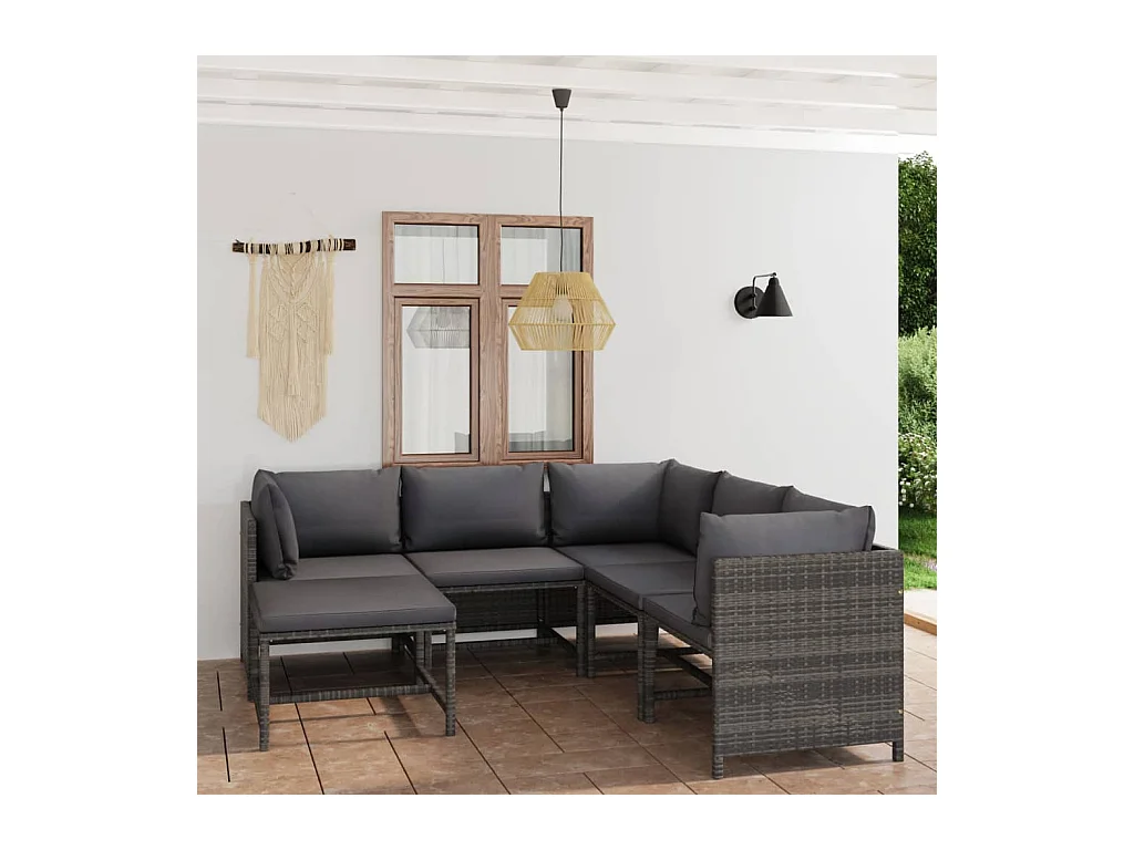 6-tlg. Garten-Lounge-Set mit Kissen Poly Rattan Grau