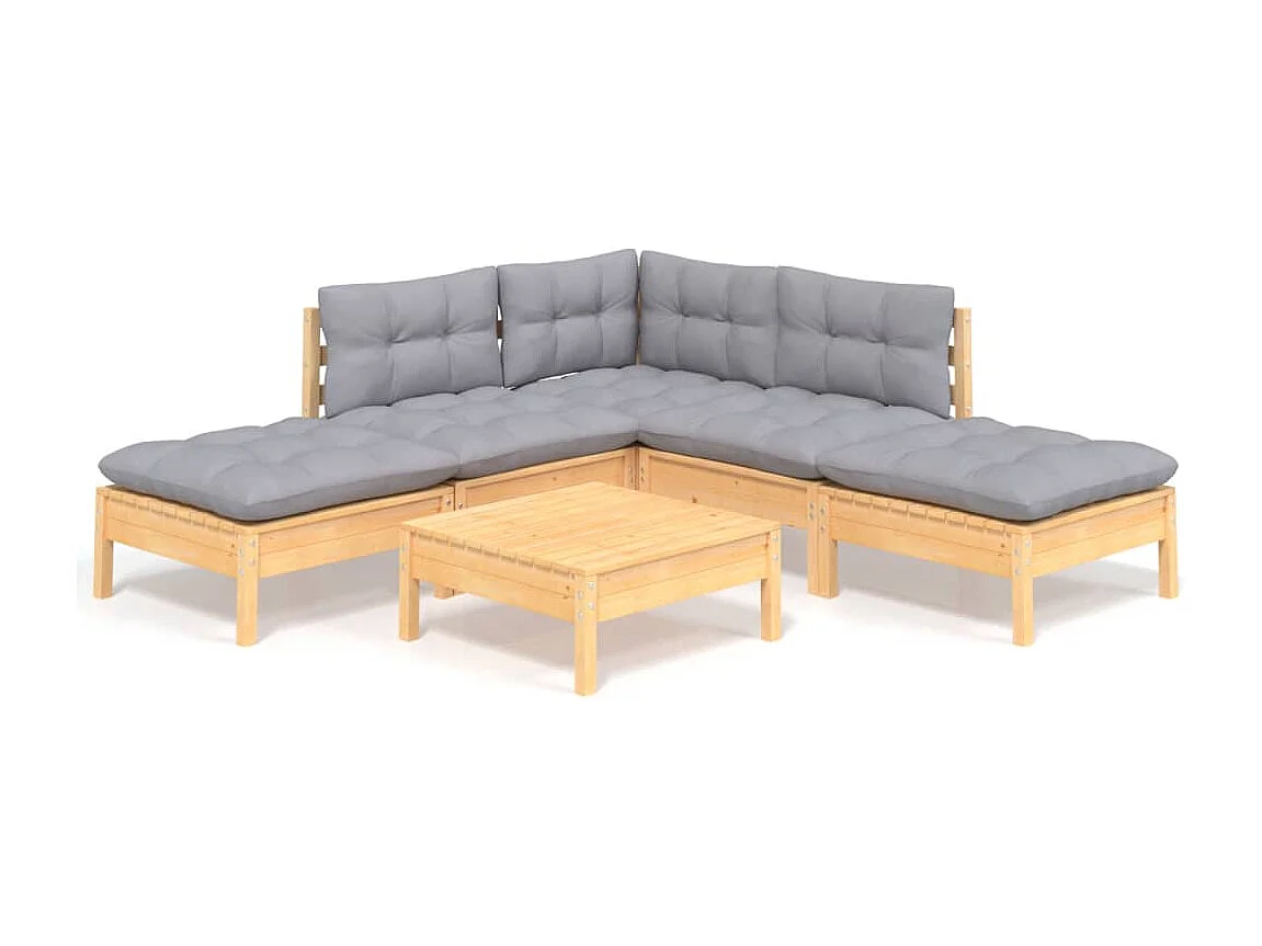 Salon de jardin 6 pcs avec coussins gris bois de pin