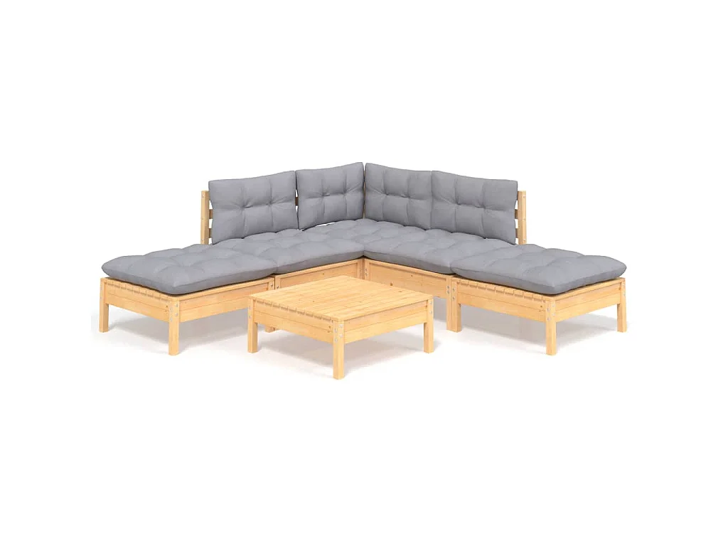 Juego de muebles de jardín 6 pzas y cojines madera pino gris