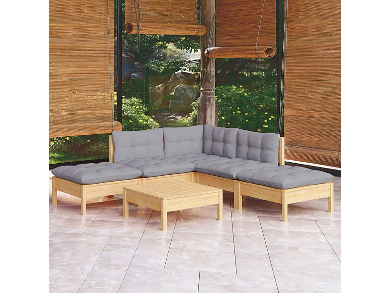 Salon de jardin 6 pcs avec coussins gris bois de pin