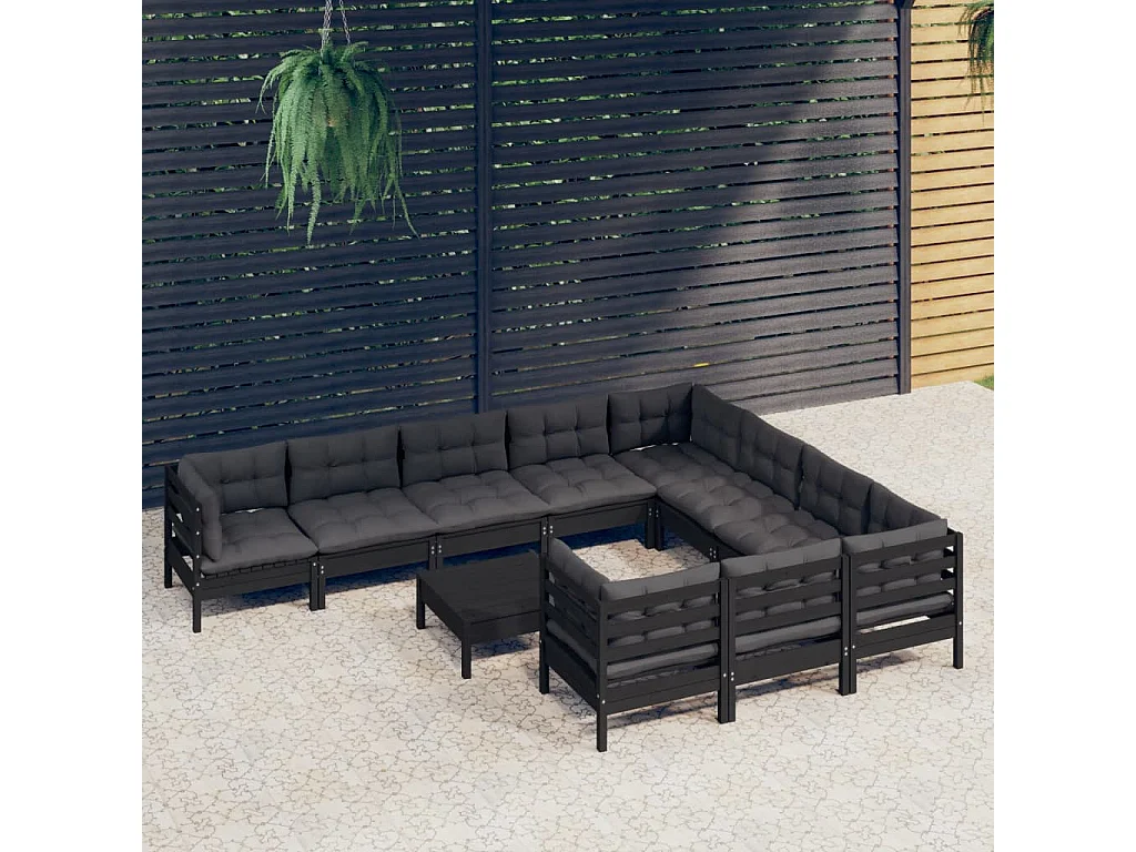 Set Divani da Giardino 11 pz con Cuscini Neri Massello di Pino