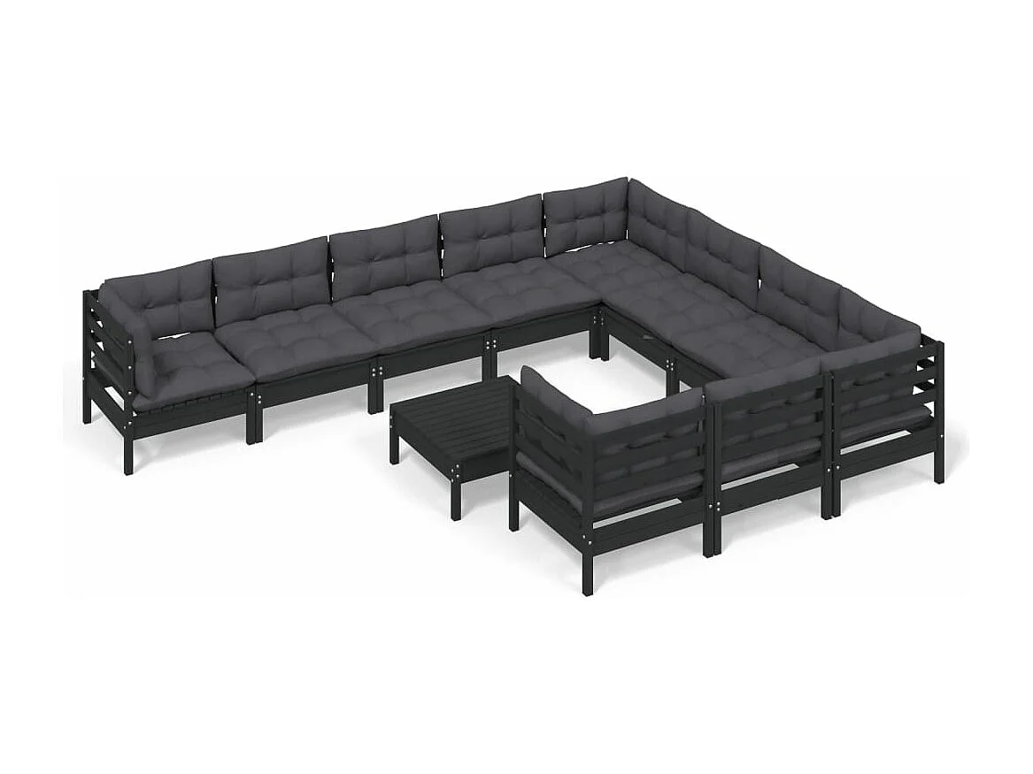 Set Divani da Giardino 11 pz con Cuscini Neri Massello di Pino