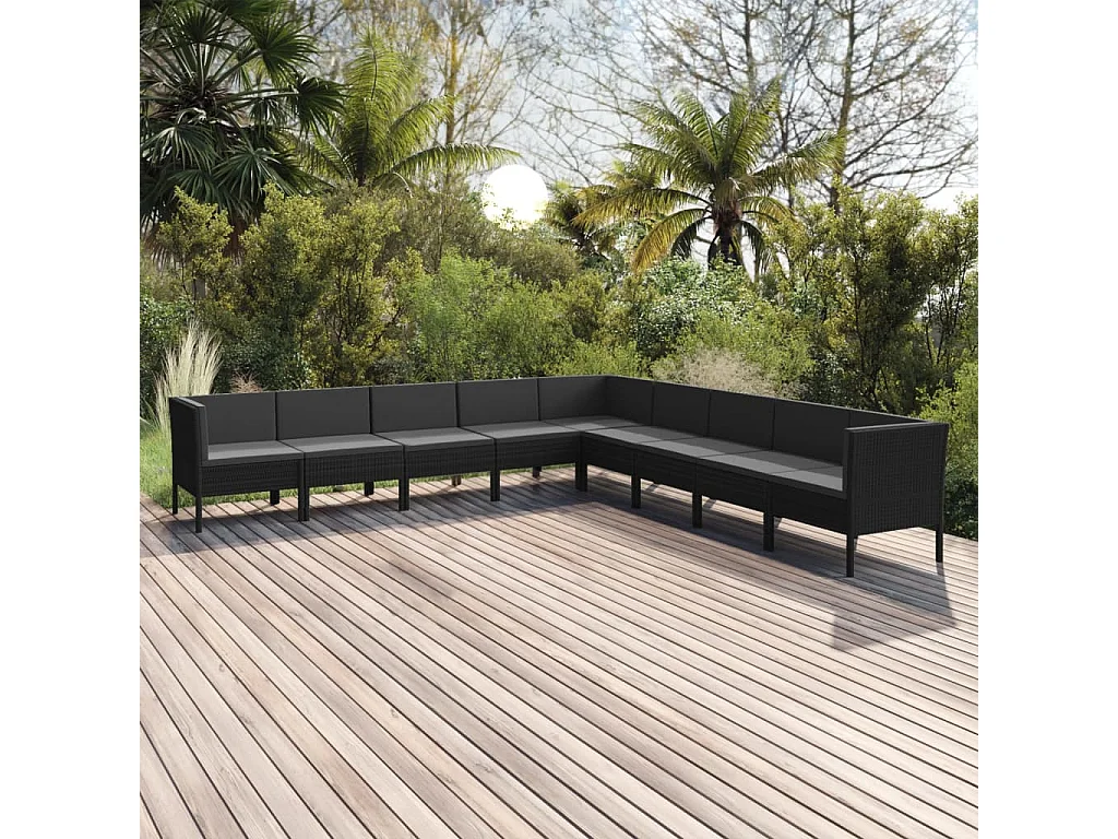 Salon de jardin 9 pcs avec coussins Résine tressée Noir