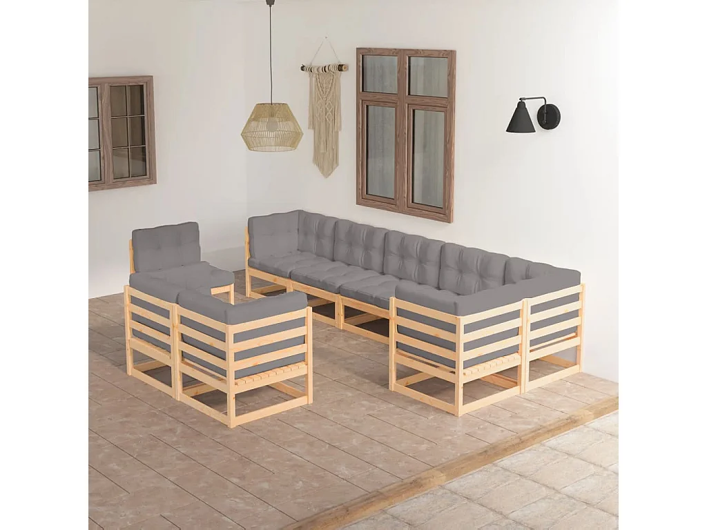 9 pcs conjunto lounge de jardim c/ almofadões pinho maciço