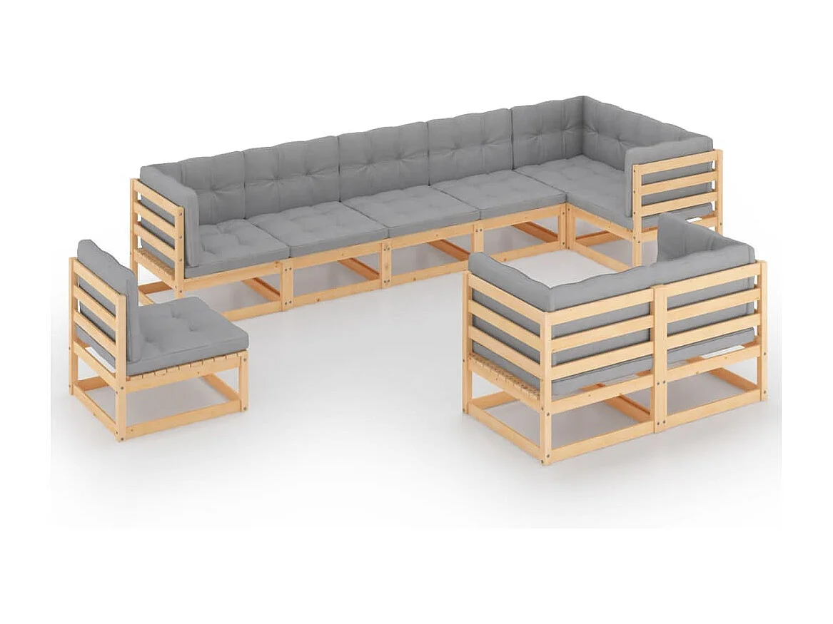 9 pcs conjunto lounge de jardim c/ almofadões pinho maciço
