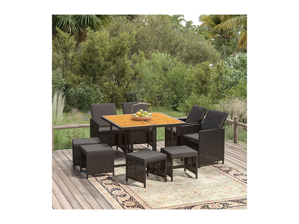Set da Pranzo da Giardino 9 pz con Cuscini Nero in Polyrattan