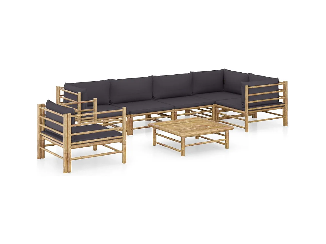 Salon de jardin 7 pcs avec coussins gris foncé bambou