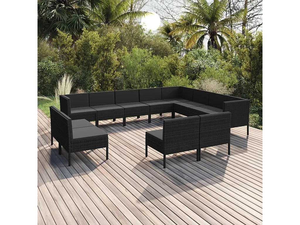 12-delige Loungeset met kussens poly rattan zwart
