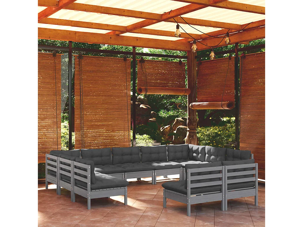 11-tlg. Garten-Lounge-Set mit Kissen Grau Kiefer Massivholz