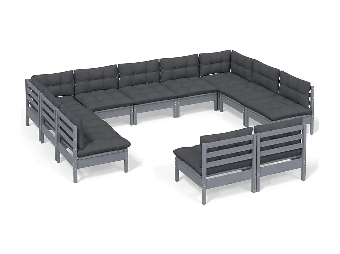 11-tlg. Garten-Lounge-Set mit Kissen Grau Kiefer Massivholz