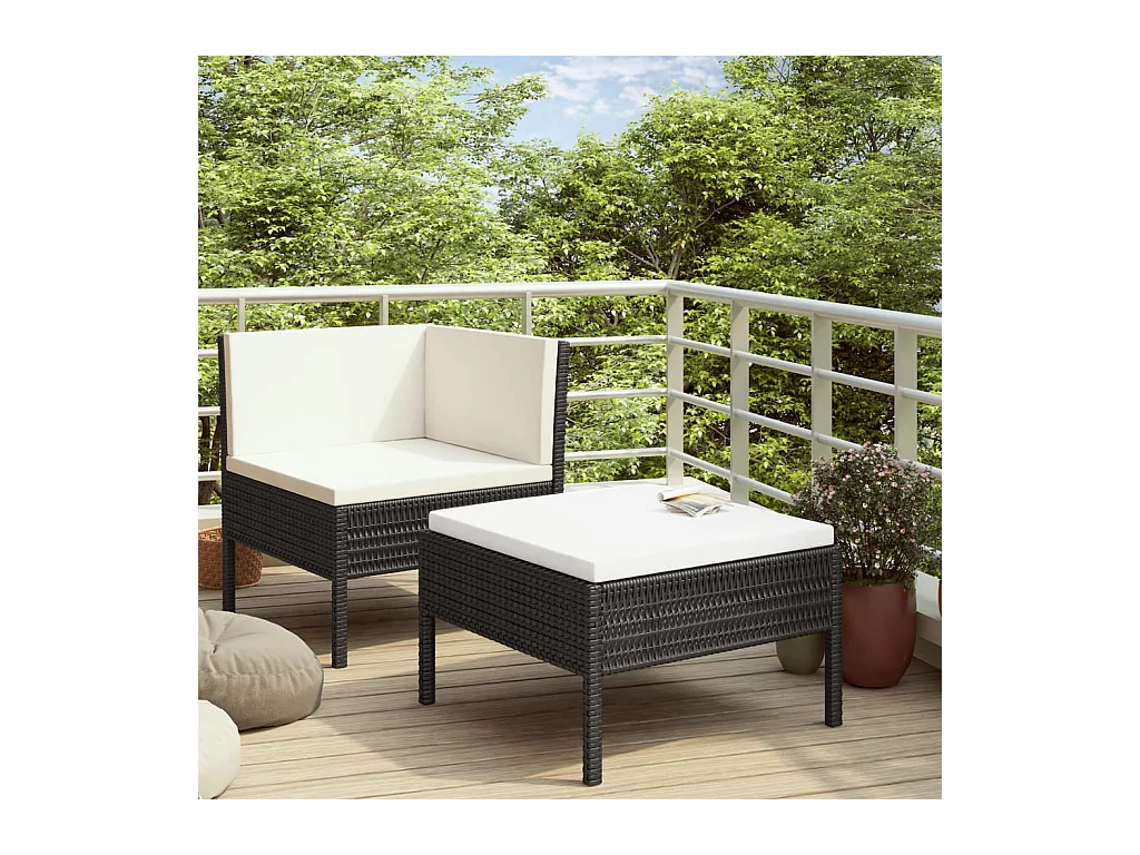 Salon de jardin 2 pcs avec coussins Résine tressée Noir