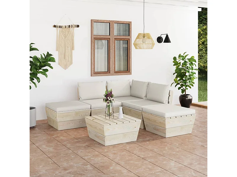 6 pcs conjunto lounge de paletes + almofadões madeira de abeto
