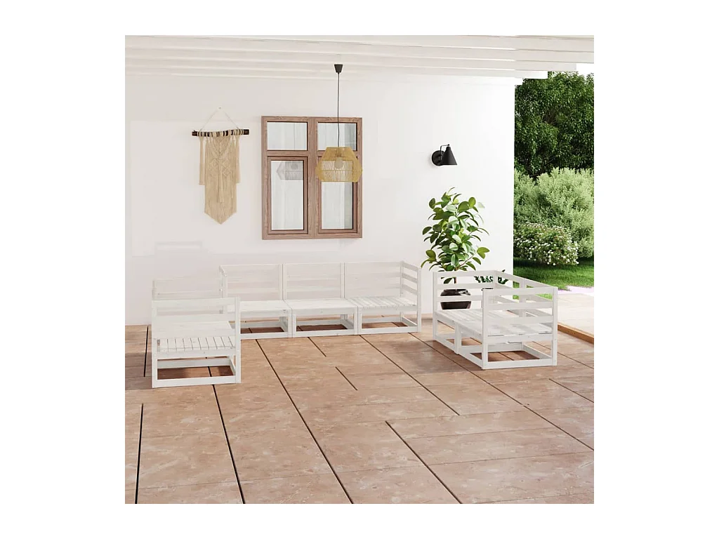 Salon de jardin 7 pcs Blanc Bois de pin massif