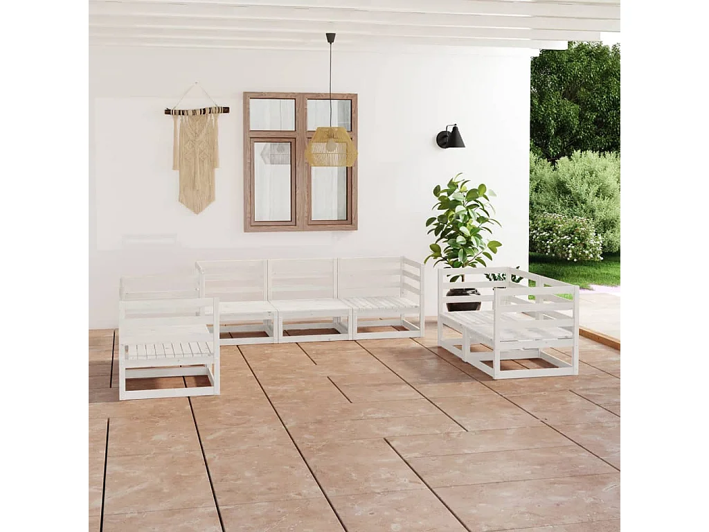 Set Divani da Giardino 7 pz Bianco in Legno Massello di Pino