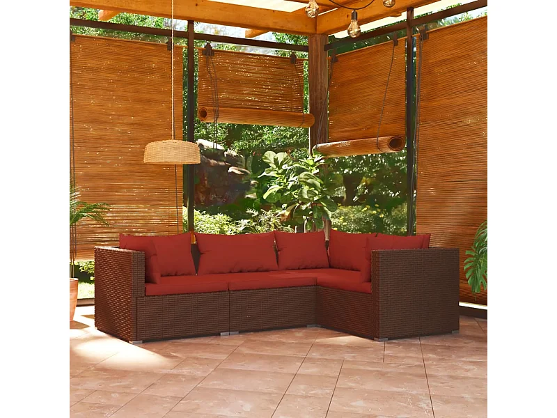 4-delige Loungeset met kussens poly rattan bruin