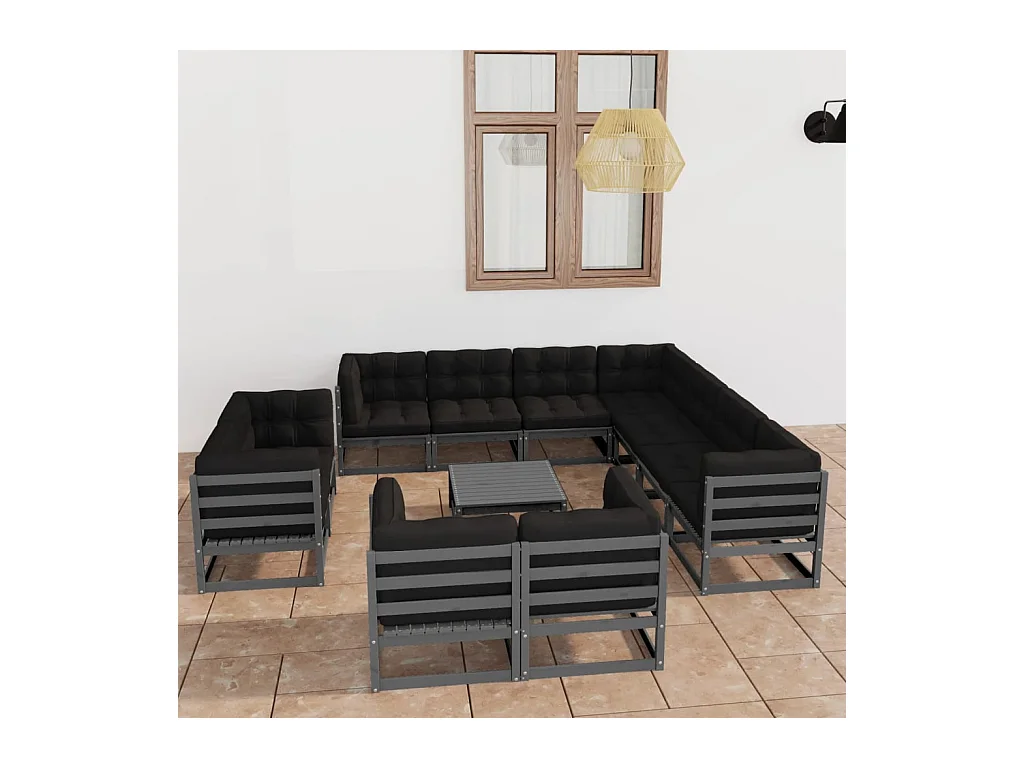 Salon de jardin 12 pcs avec coussins Gris Bois de pin massif