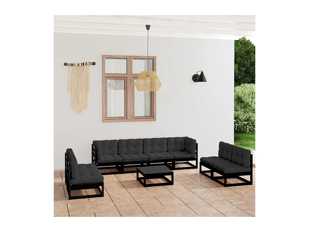 Salon de jardin 9 pcs avec coussins Bois de pin massif