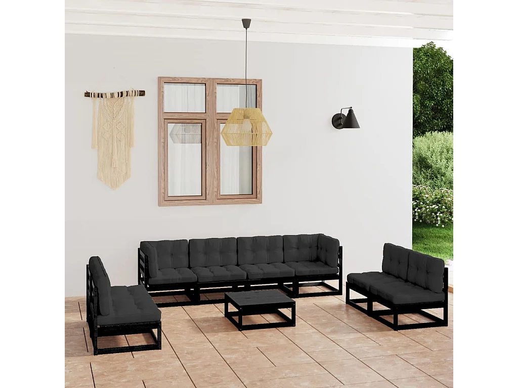 Set Divani da Giardino 9 pz con Cuscini Legno Massello di Pino