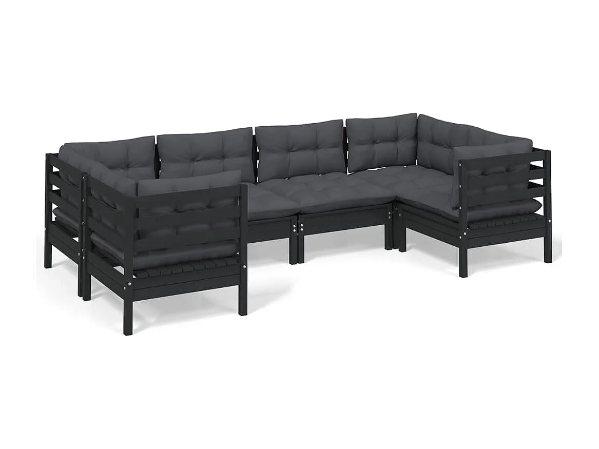 6-tlg. Garten-Lounge-Set mit Kissen Schwarz Kiefernholz