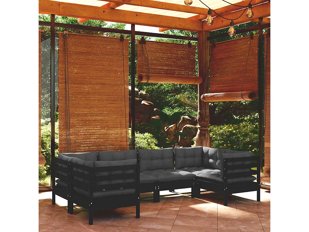 Salon de jardin 6 pcs avec coussins Noir Bois de pin
