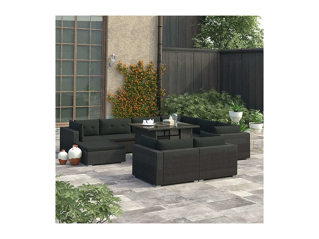 10-delige Loungeset met kussens poly rattan zwart
