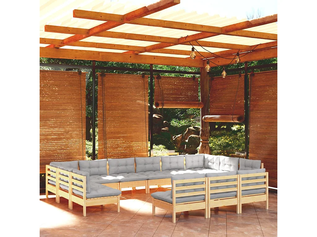 Salon de jardin 13 pcs avec coussins gris Bois de pin solide