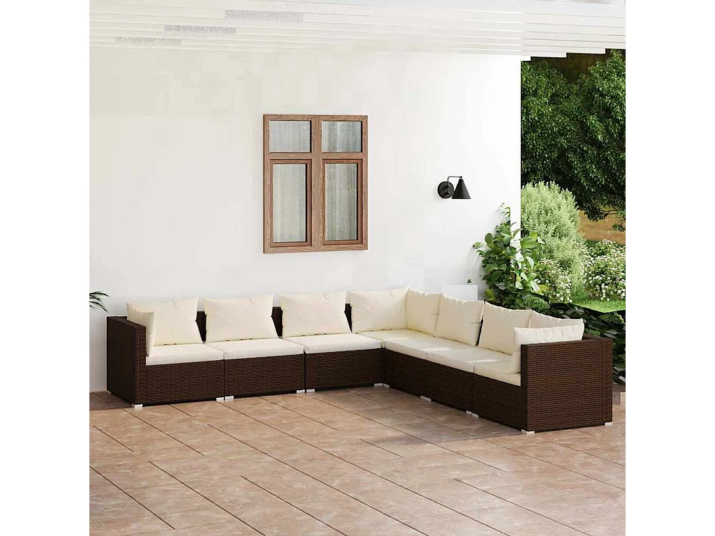 Set muebles de jardín 7 piezas y cojines ratán sintético marrón