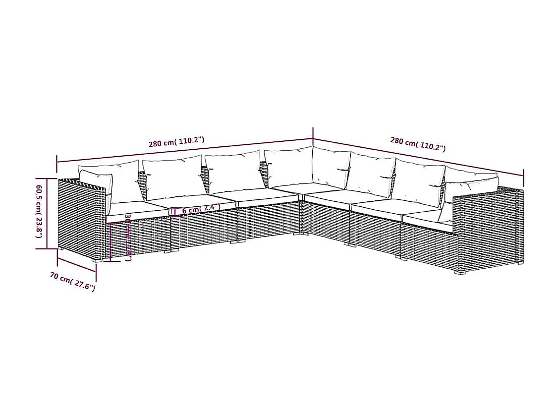 Set muebles de jardín 7 piezas y cojines ratán sintético marrón