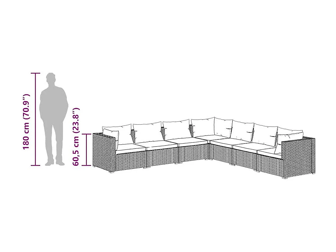 Set muebles de jardín 7 piezas y cojines ratán sintético marrón