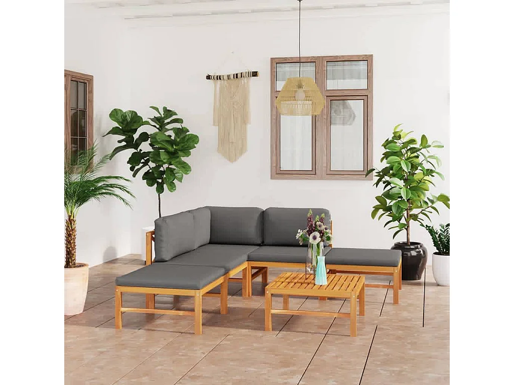 Salon de jardin 6 pcs avec coussins gris Bois de teck solide
