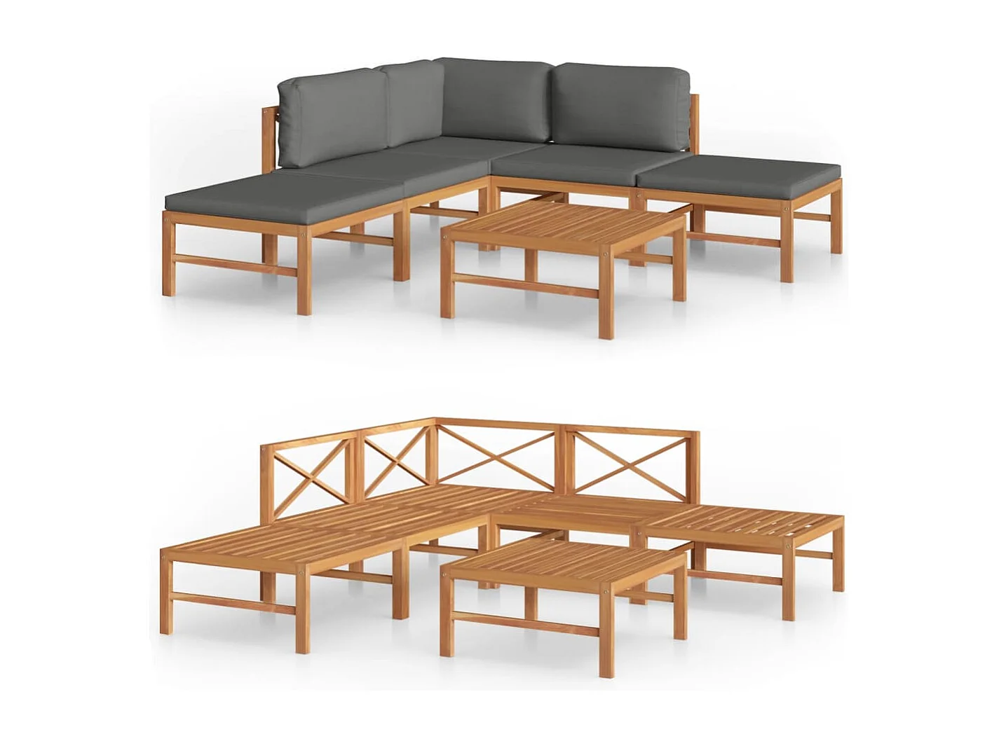 Salon de jardin 6 pcs avec coussins gris Bois de teck solide