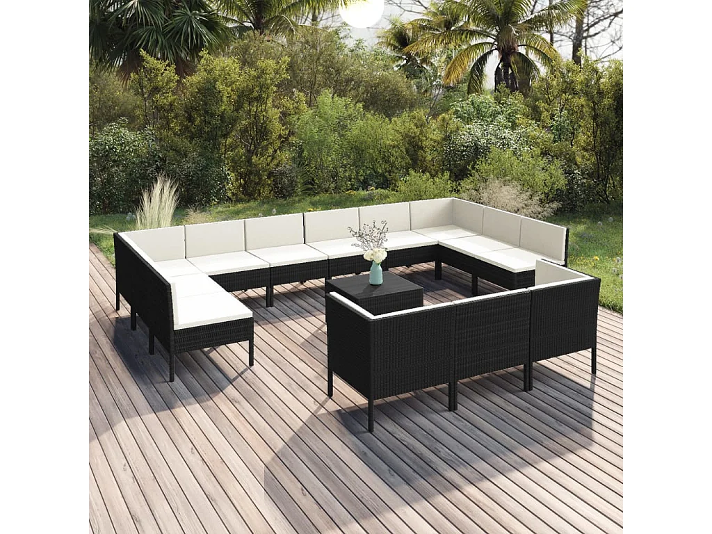 Salon de jardin 14 pcs avec coussins Résine tressée Noir
