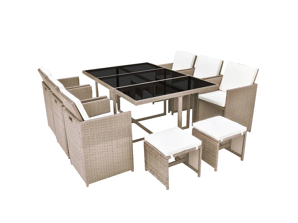 11-tlg. Garten-Essgruppe mit Auflagen Poly Rattan Beige