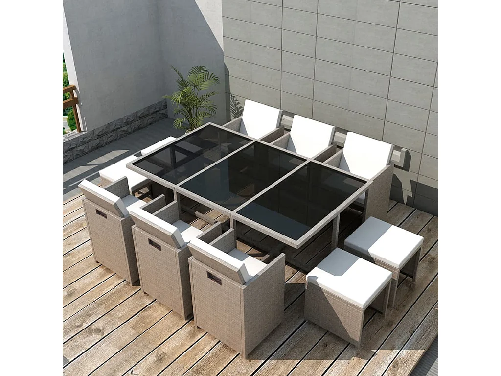11-tlg. Garten-Essgruppe mit Auflagen Poly Rattan Beige