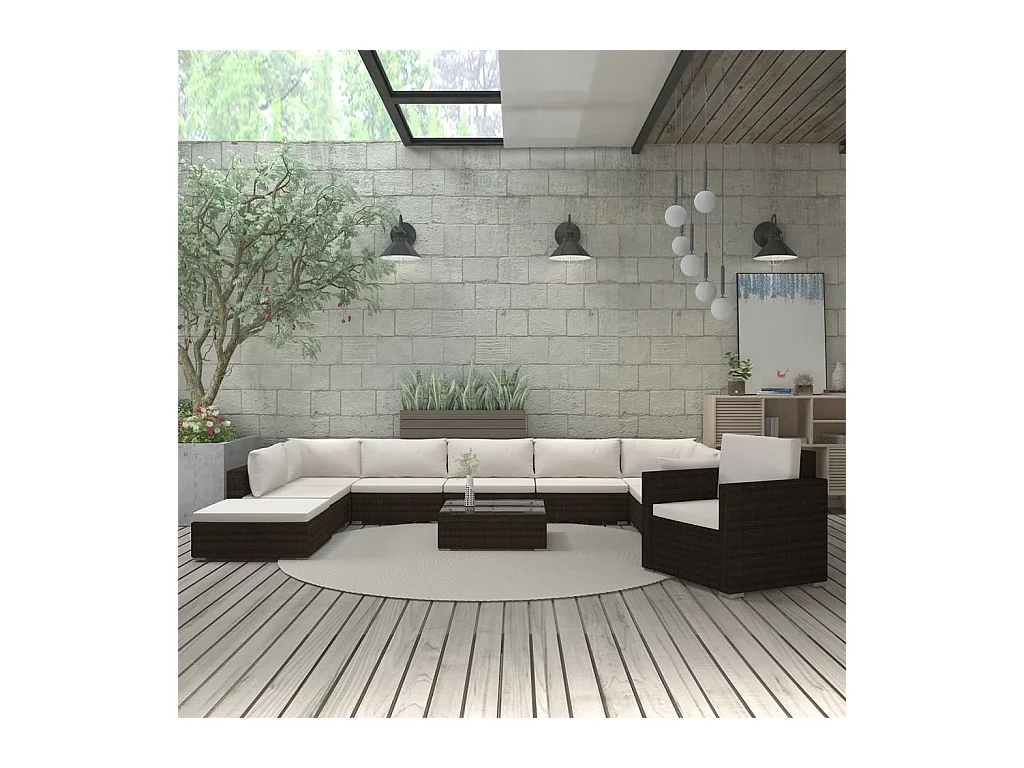 Salon de jardin 11 pcs avec coussins Résine tressée Marron